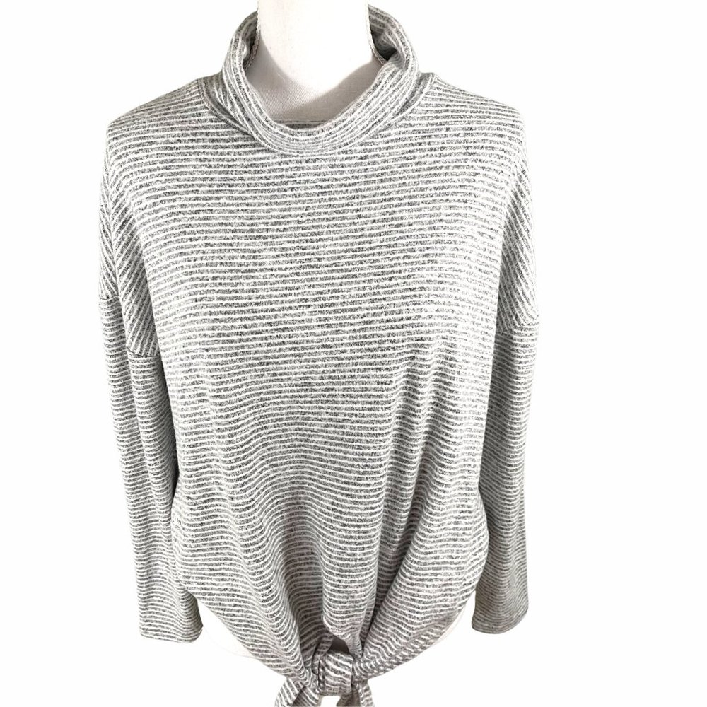 LOU & GREY for Loft Womens Sz M Front Tie Waist Top Gray White Stripe